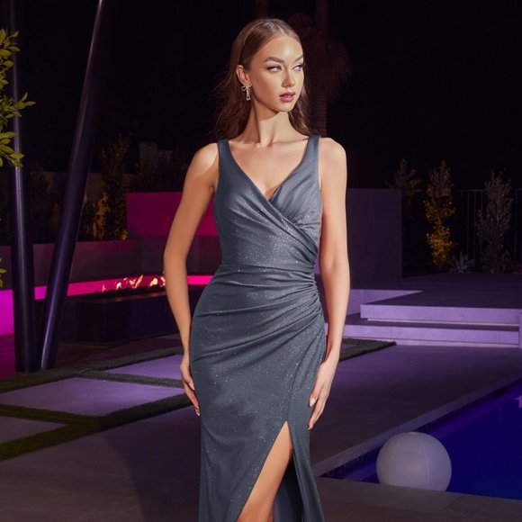 NEW LONG SLEEVELESS STRETCH SATIN DRESS WITH SIDE ZIP & SEXY LEG SLIT CD BD4003 - Picture 1 of 9